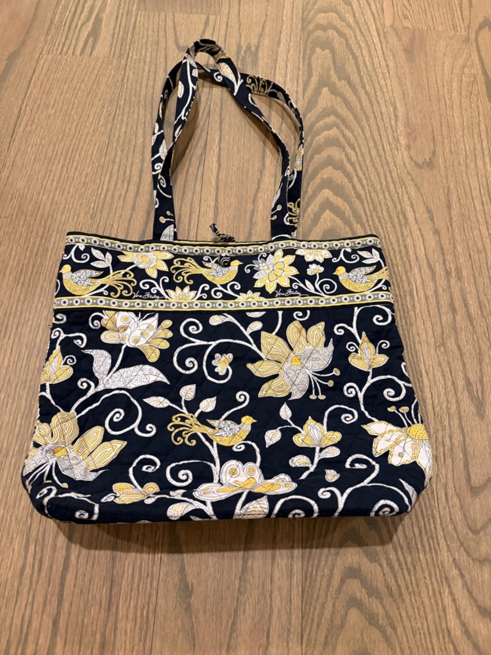 Vera Bradley Black Quilted Tote with Yellow and White Floral Pattern